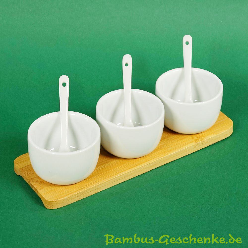 Bambus-Servierbrett mit 3 Sch&auml;lchen und L&ouml;ffeln