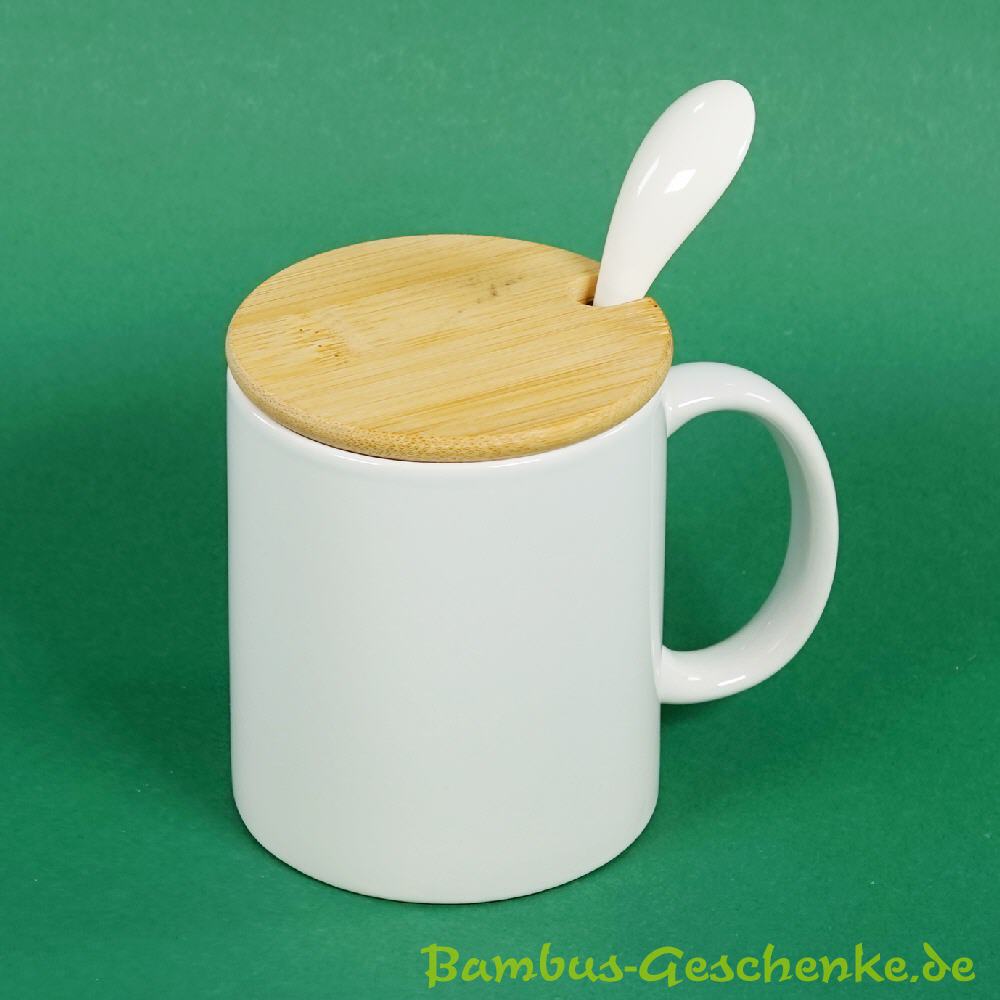 Kaffeebecher mit Bambusdeckel und L&ouml;ffel